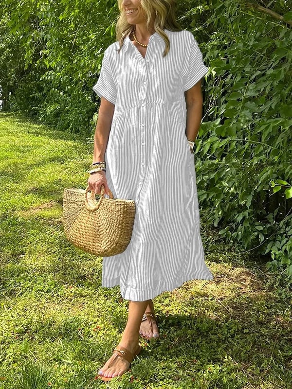 Buttoned striped midi dress for women