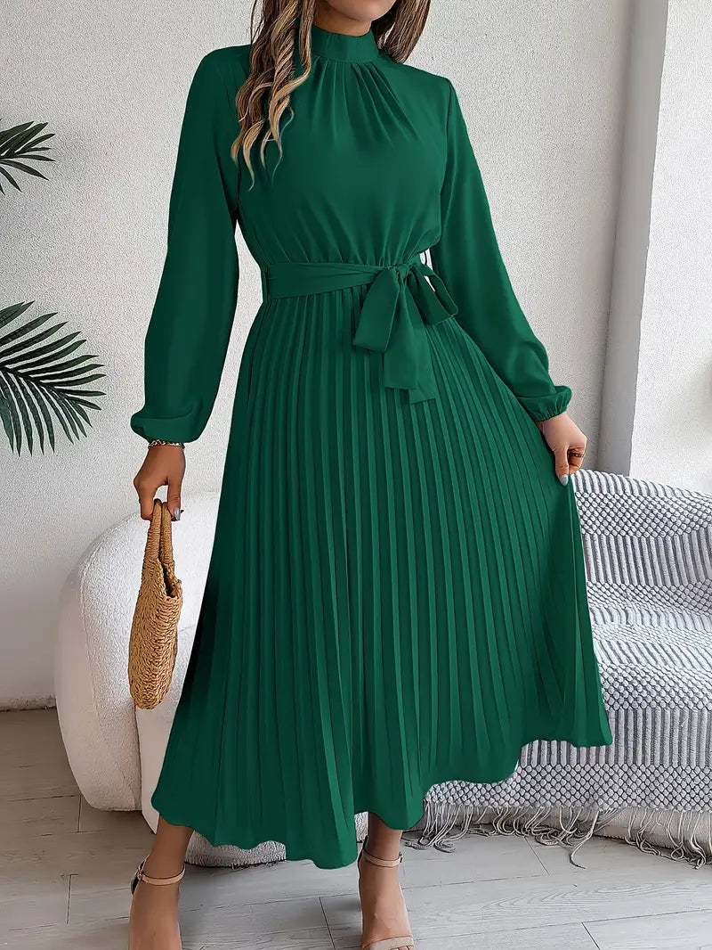 Vestido midi plisado para mujer con cuello alto