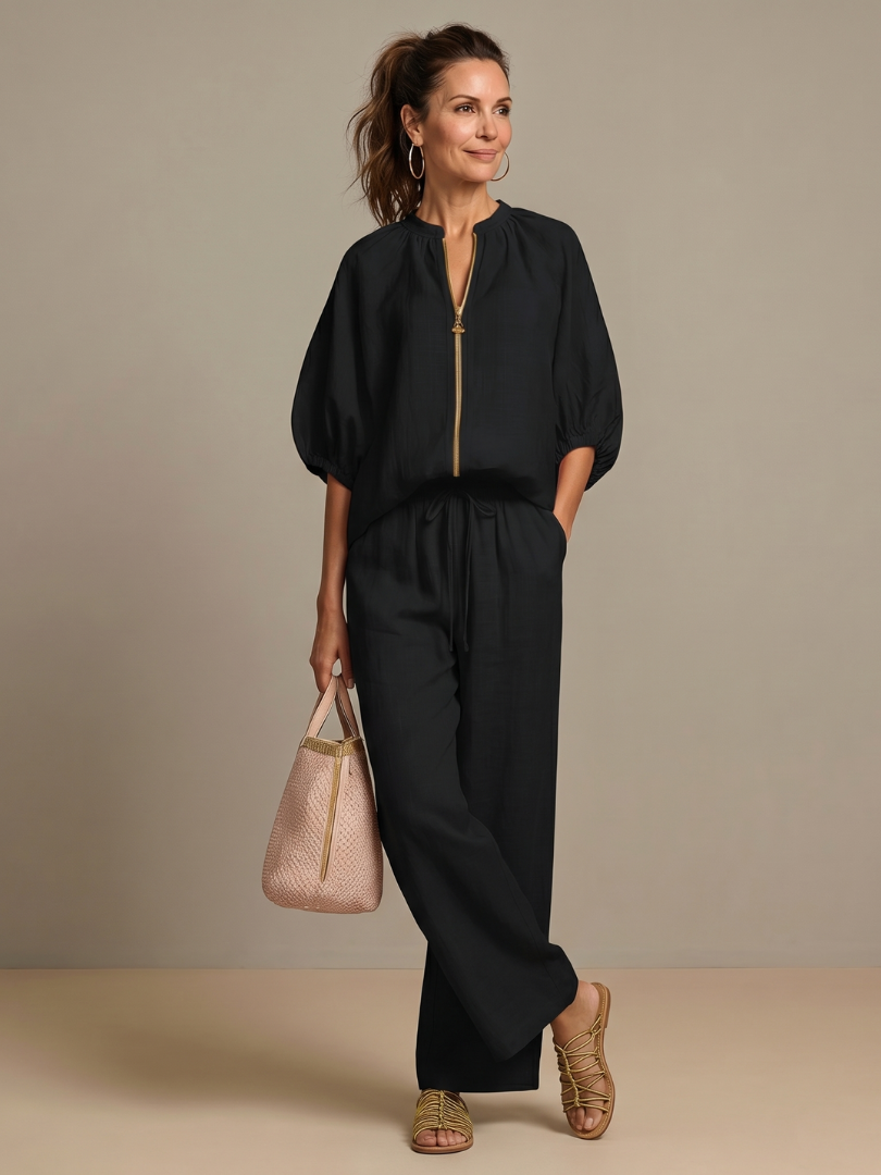 Women's 2-Piece Set with Zipper Closure and Loose Pants