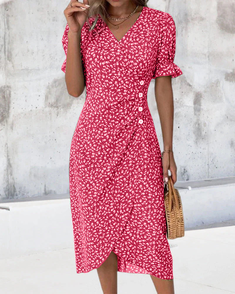 Robe Midi à Imprimé Fleuri avec Effet Portefeuille, Col en V et Coupe Ajustée