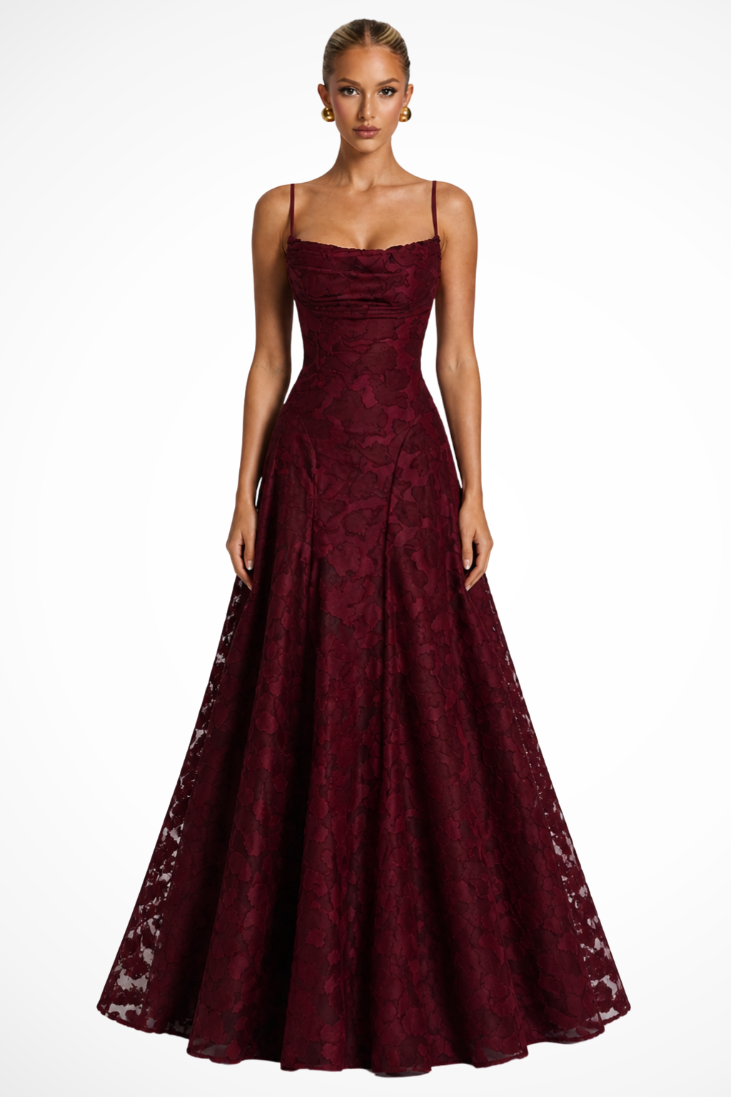 Robe Longue de Soirée Bustier à Dentelle Florale pour Femme