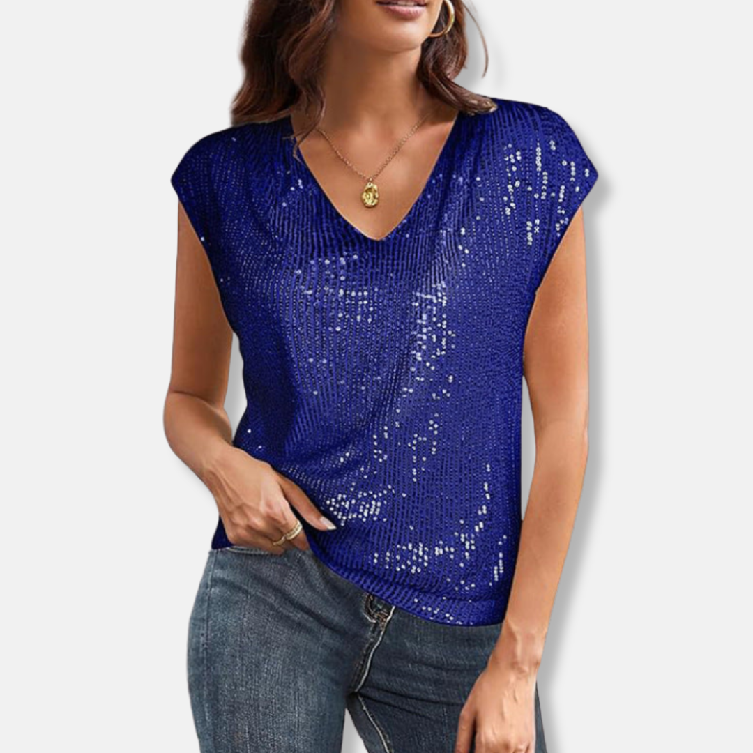 Women's Sequin Top with V-Neck and Short Sleeves