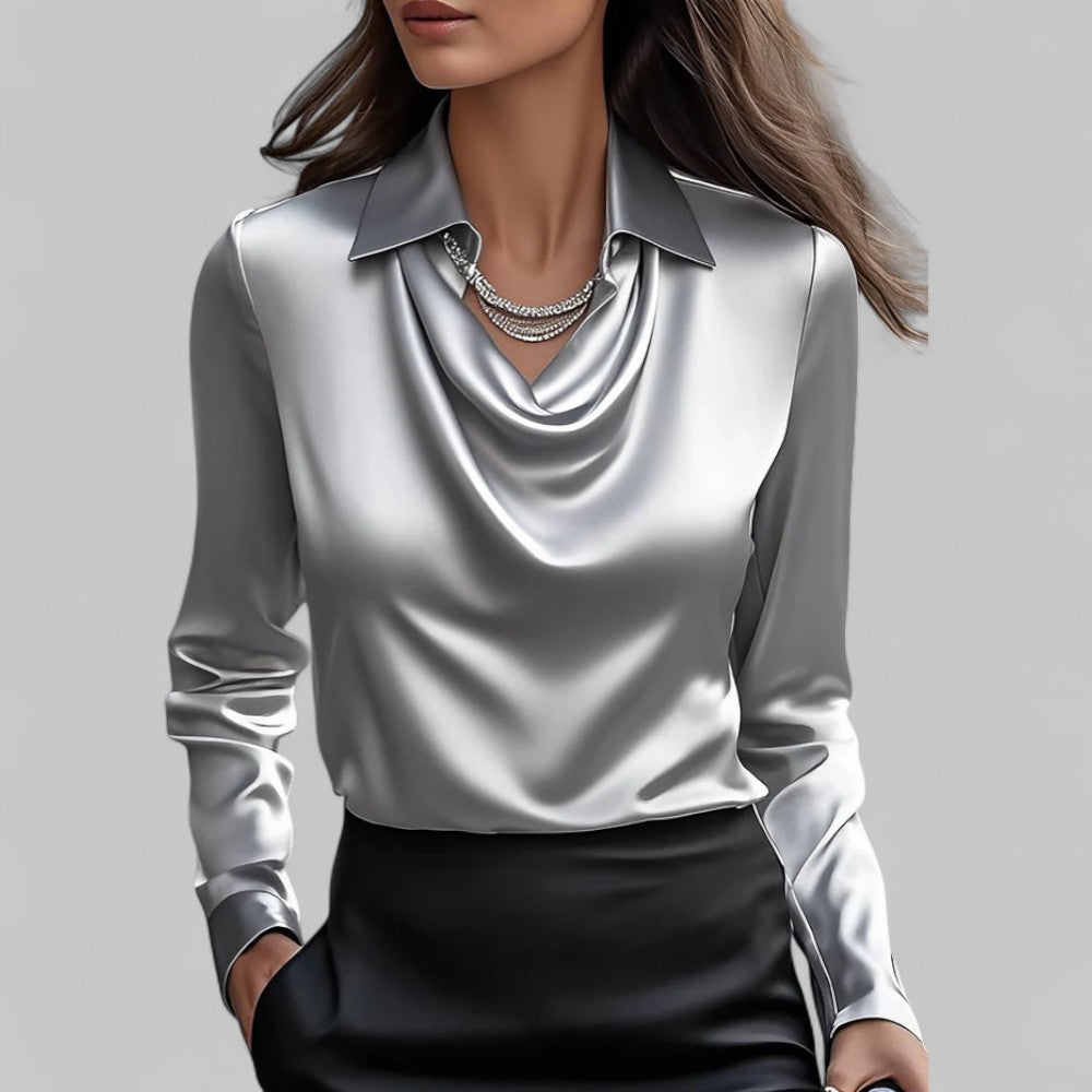 Rose| Satin Long-Sleeve Draped Collar Blouses for Women