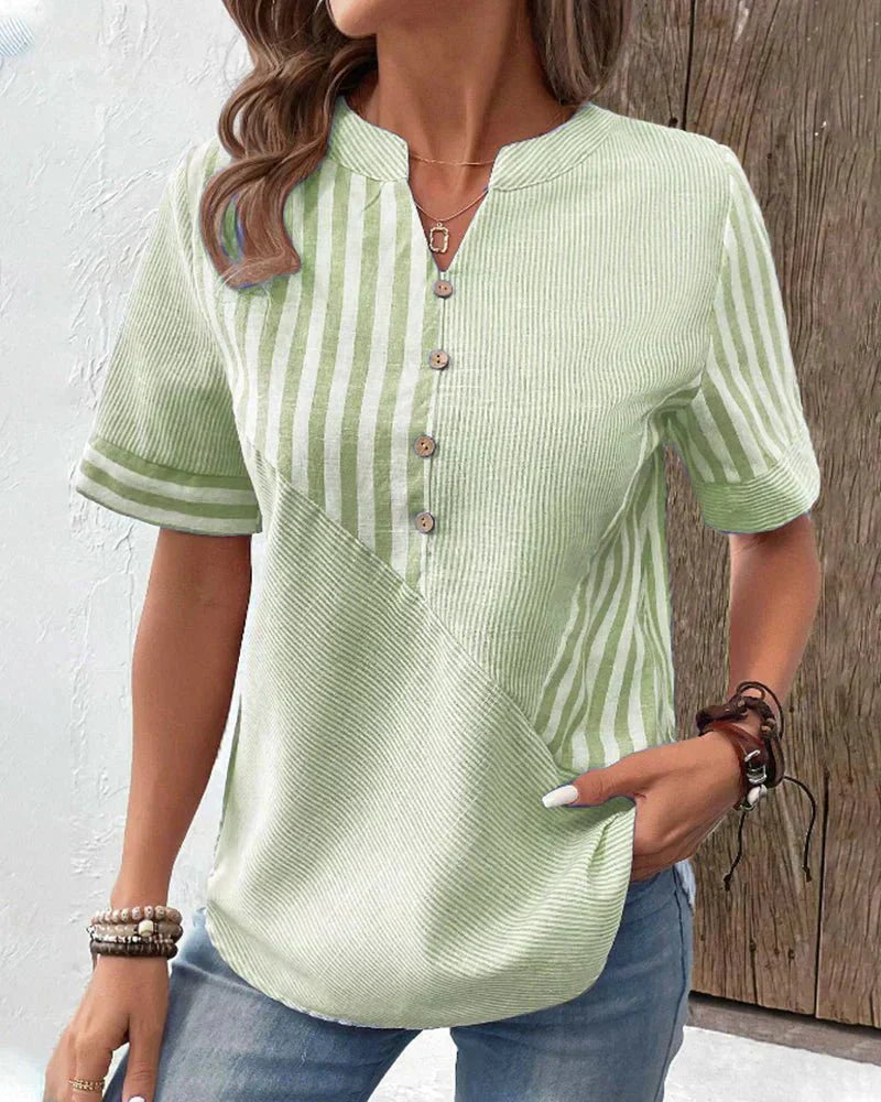 Women's Striped Henley Collar Blouse