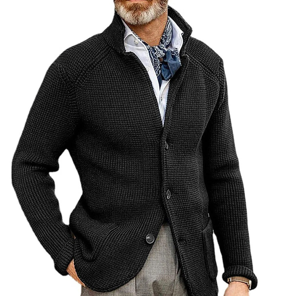 Men’s buttoned-up cardigan with a stand-up collar