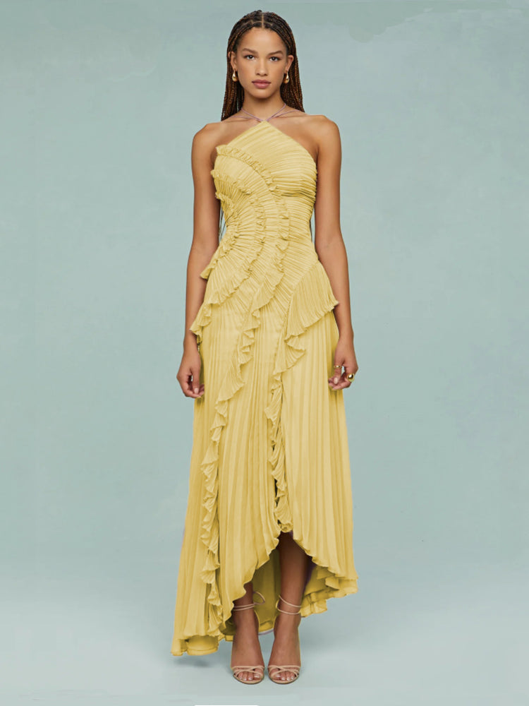 Robe Maxi Asymétrique Plissée à Volants Cascades avec Encolure Croisée