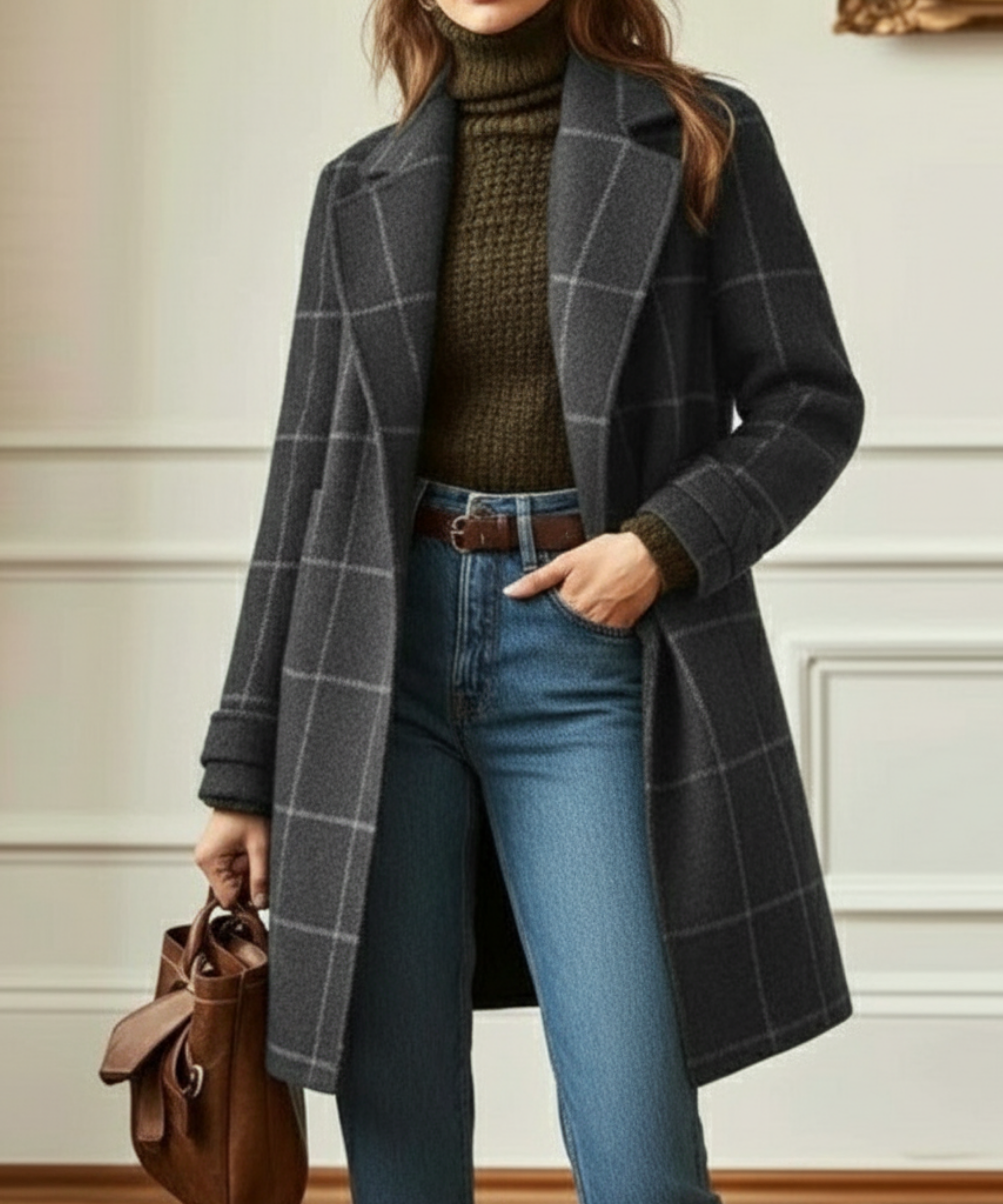 Elegant Long Plaid Button-Up Women's Coat