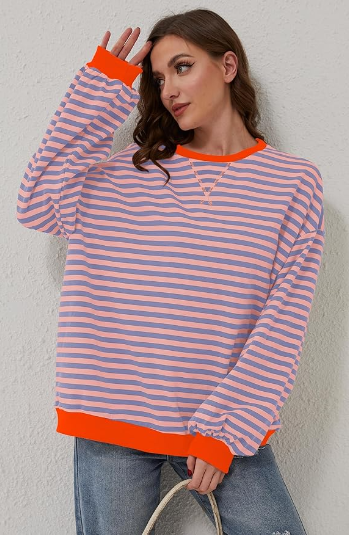 Women’s Oversized Striped Crew-Neck Sweatshirt