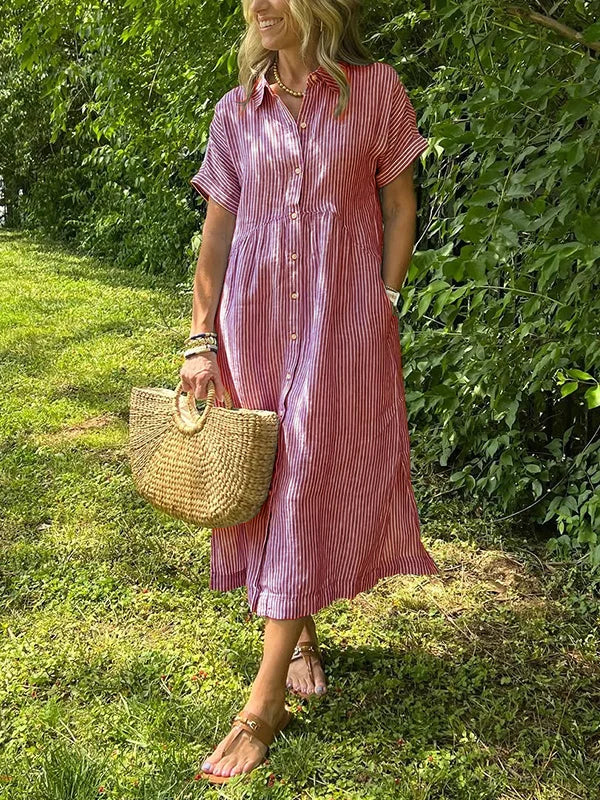 Robe Midi Rayée Décontractée à Boutonnage Frontal avec Col Chemise et Coupe Fluide