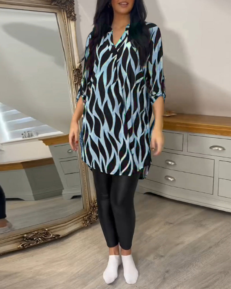 Blouse Tunique à Col en V et Motif Abstrait Pour Femme