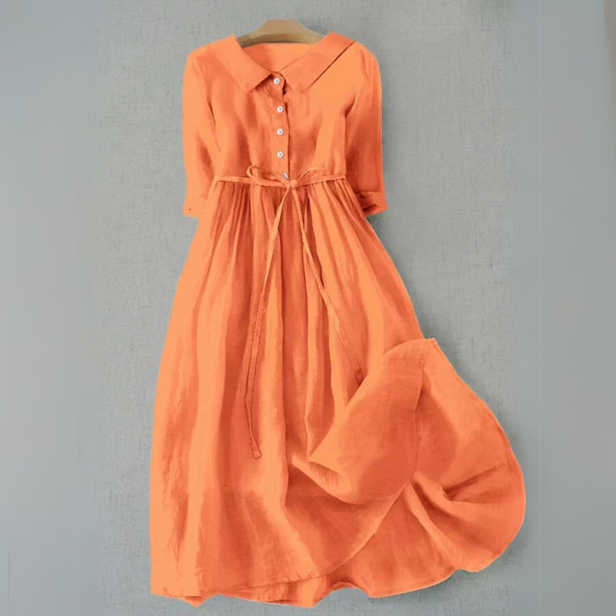 Women's Flared Midi Dress with Shirt Collar and Tie Belt