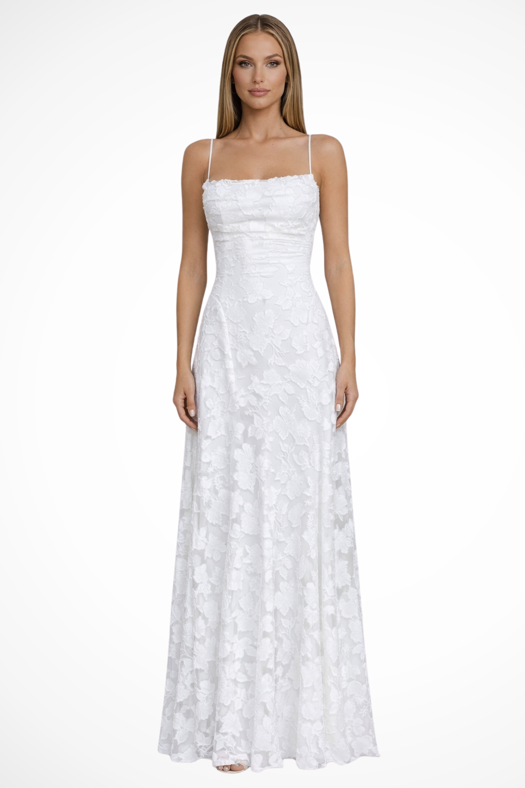 Robe longue formelle fleurie en jacquard, dos nu et bretelles fines en dentelle