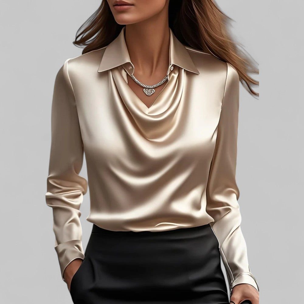 Rose| Satin Long-Sleeve Draped Collar Blouses for Women