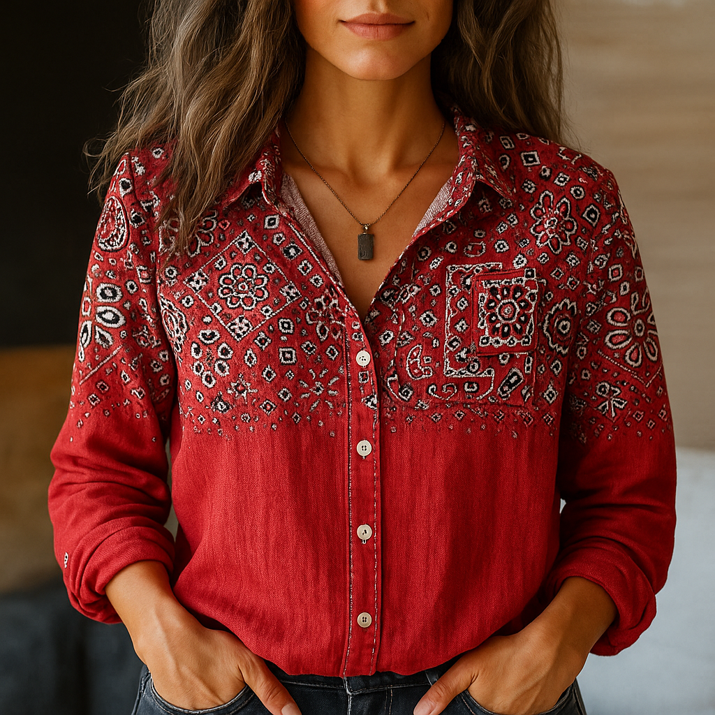 Chemise Bohème Chic Imprimée Vintage à Manches Longues pour Femme