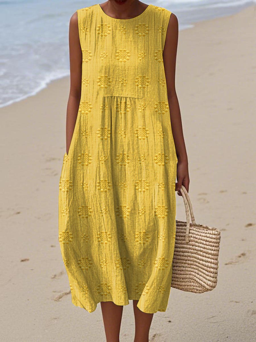 Women's Sleeveless Midi Dress with Bubble Cut and Textured Details