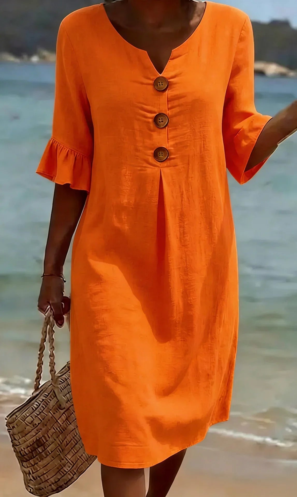Robe Midi Femme Décontractée à Boutons Décoratifs et Manches Volantées Élégantes