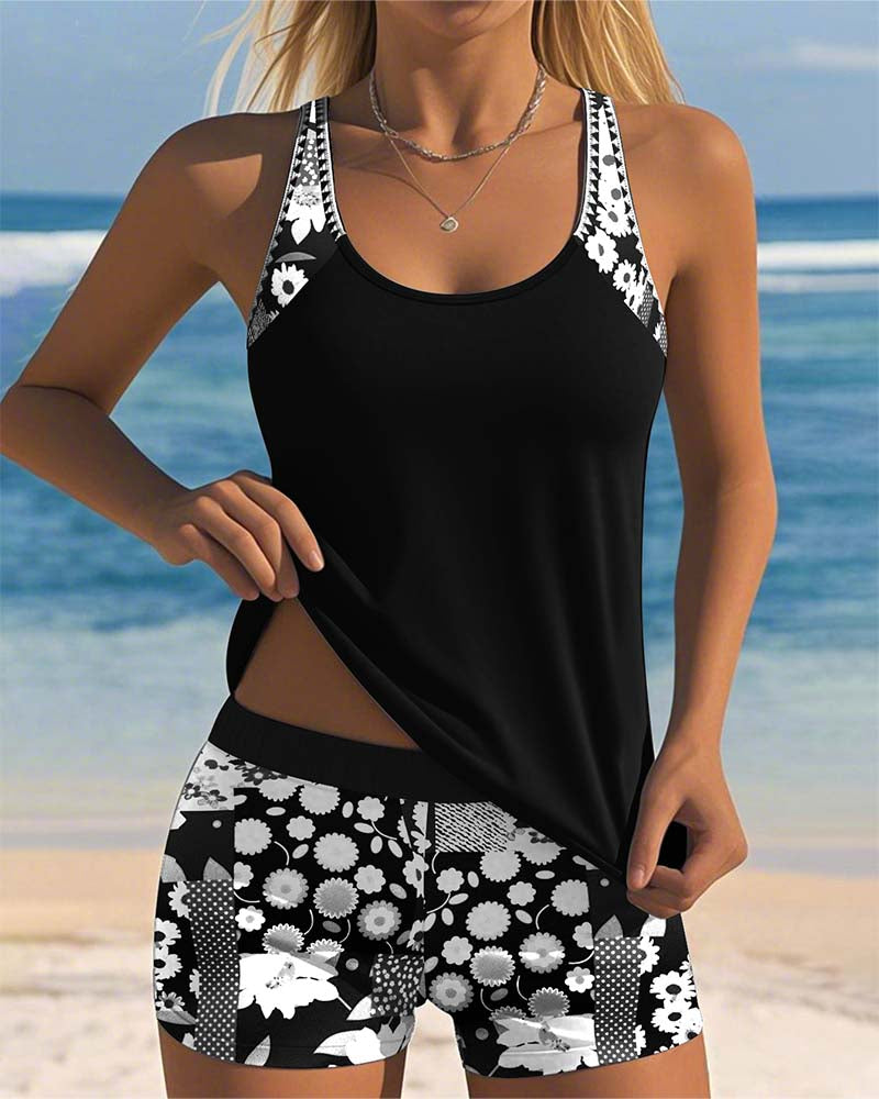 Sporty Tankini Set with Printed Shorts