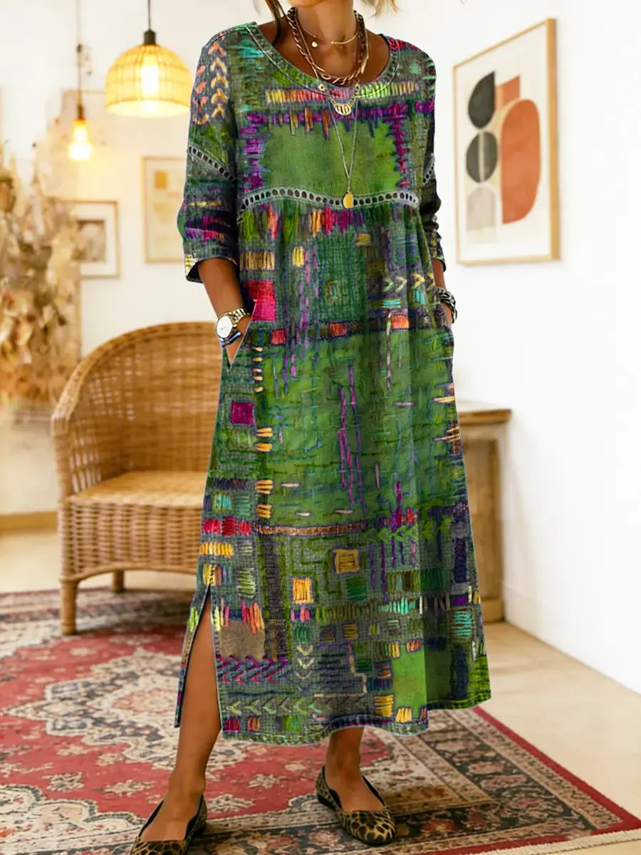 Robe Midi Femme à Imprimé Artistique et Fente Latérale