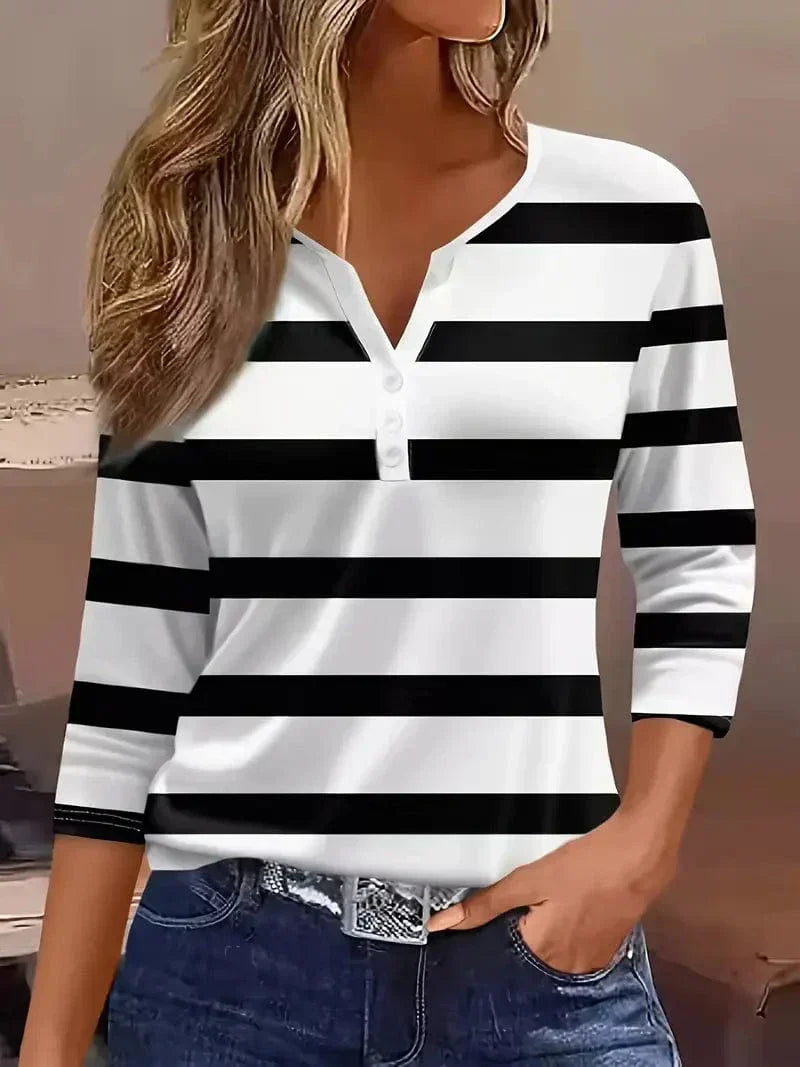 Women's Striped T-shirt with 3/4 Sleeves and Buttoned Collar