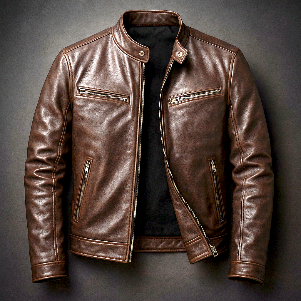 Men’s Motorcycle-Style Jacket with Stand-Up Collar and Zip Closure