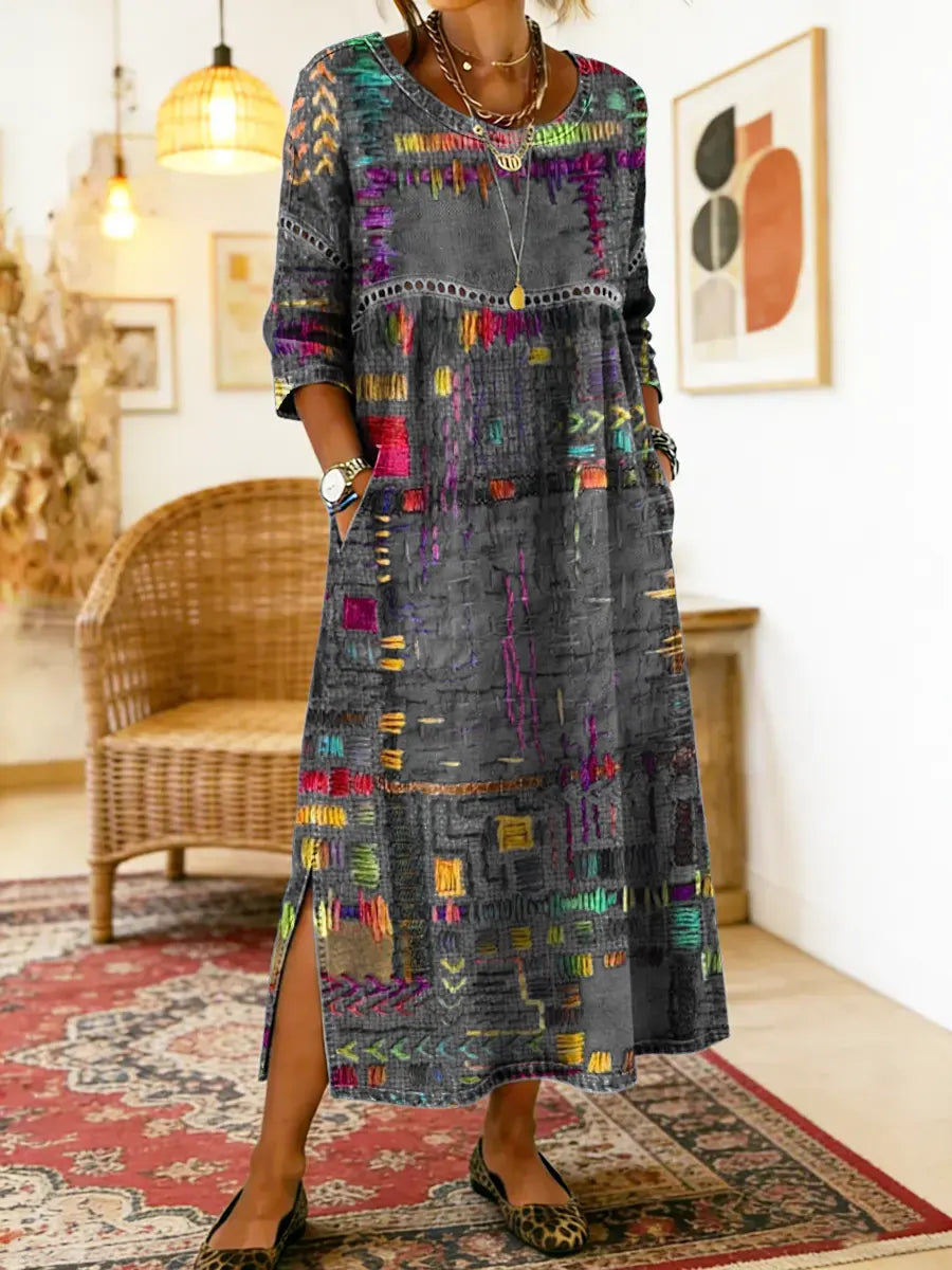 Robe Midi Femme à Imprimé Artistique et Fente Latérale