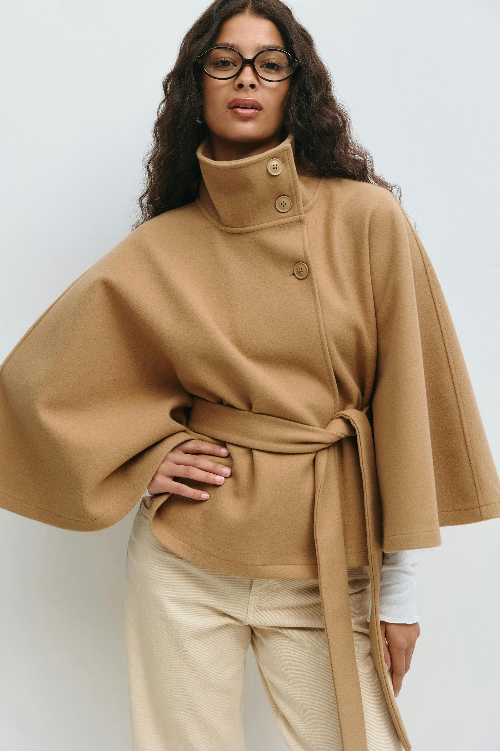 Cape with High Collar and Tie Belt