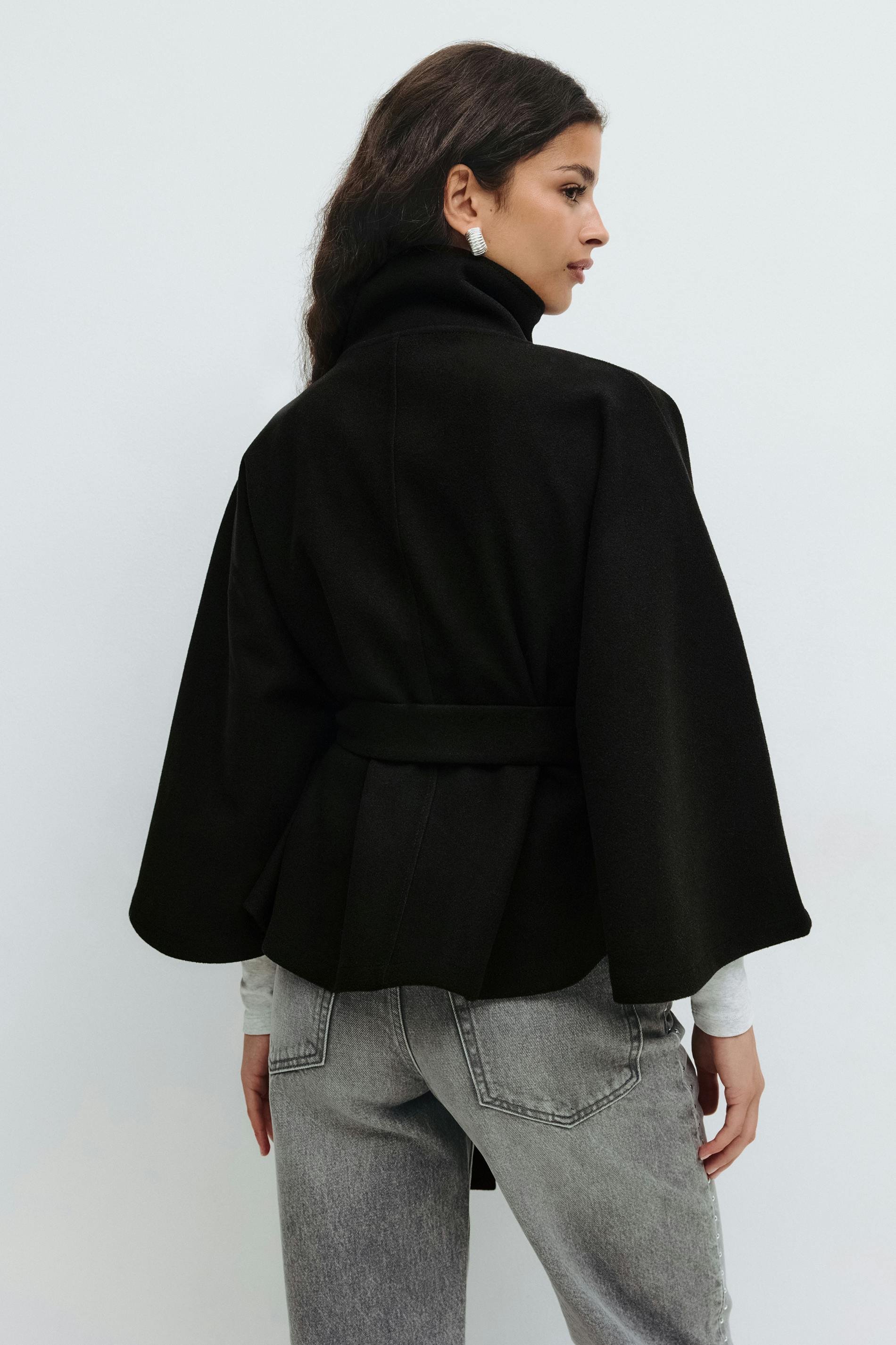 Cape with High Collar and Tie Belt