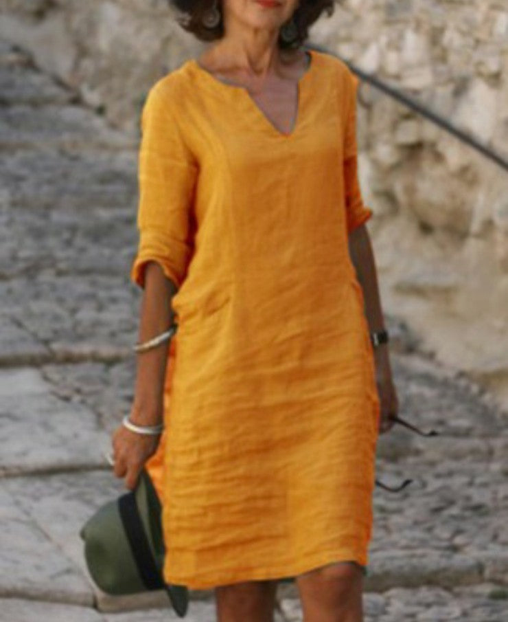 Robe midi femme col V manches trois quarts coupe décontractée style minimaliste