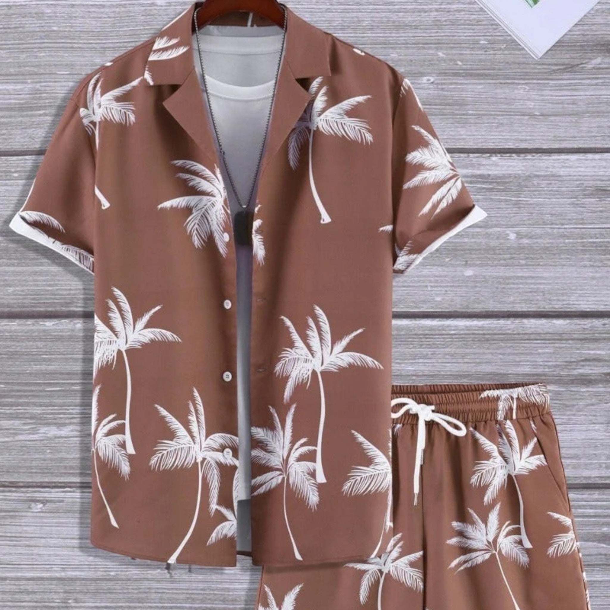 Short Sleeve Shirt and Tropical Print Shorts Set for Men