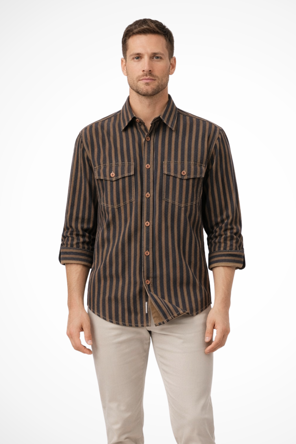 Men's Casual Striped Shirt Loose Fit Long Sleeves