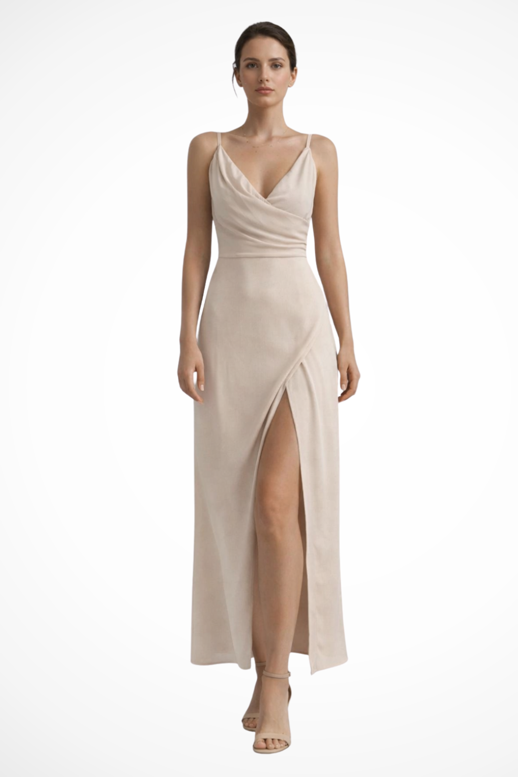 Long Satin Women's Dress with Crossed Neckline and Elegant Slit
