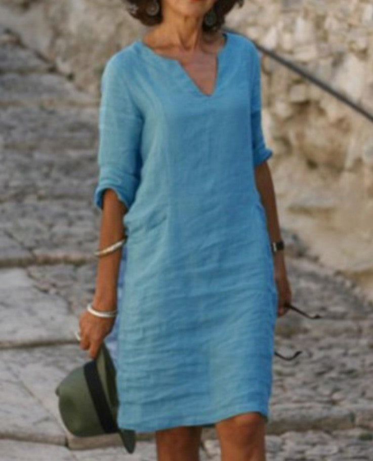 Robe midi femme col V manches trois quarts coupe décontractée style minimaliste