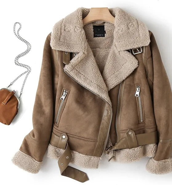 Veste Femme Style Motard avec Col Effet Fourrure