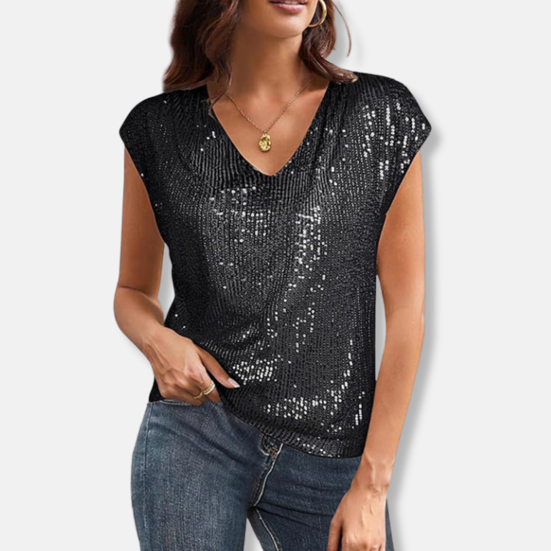 Women's Sequin Top with V-Neck and Short Sleeves