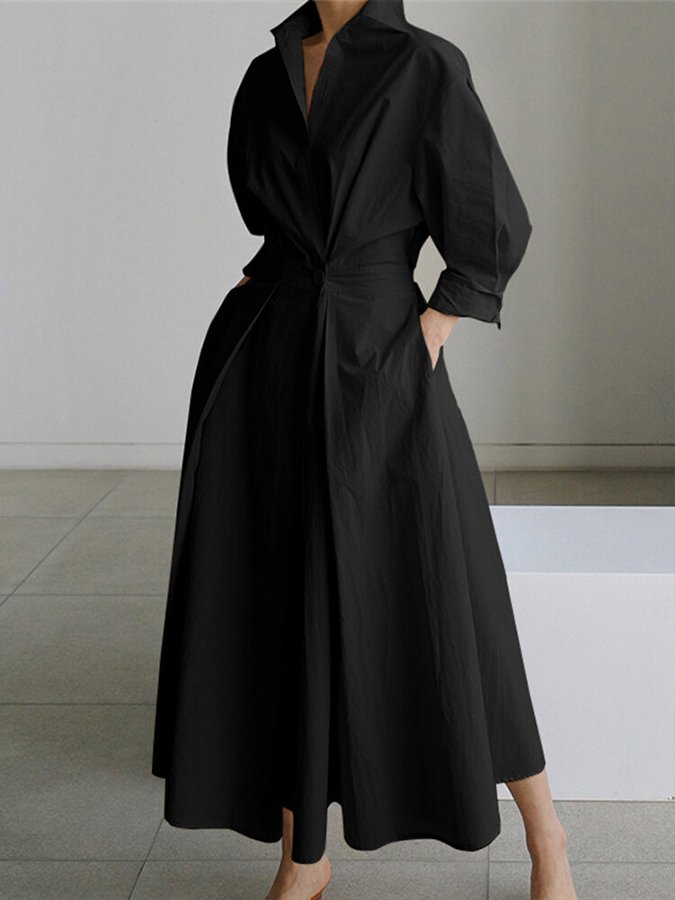 Robe Maxi Élégante à Col Chemise et Manches Longues pour Femme