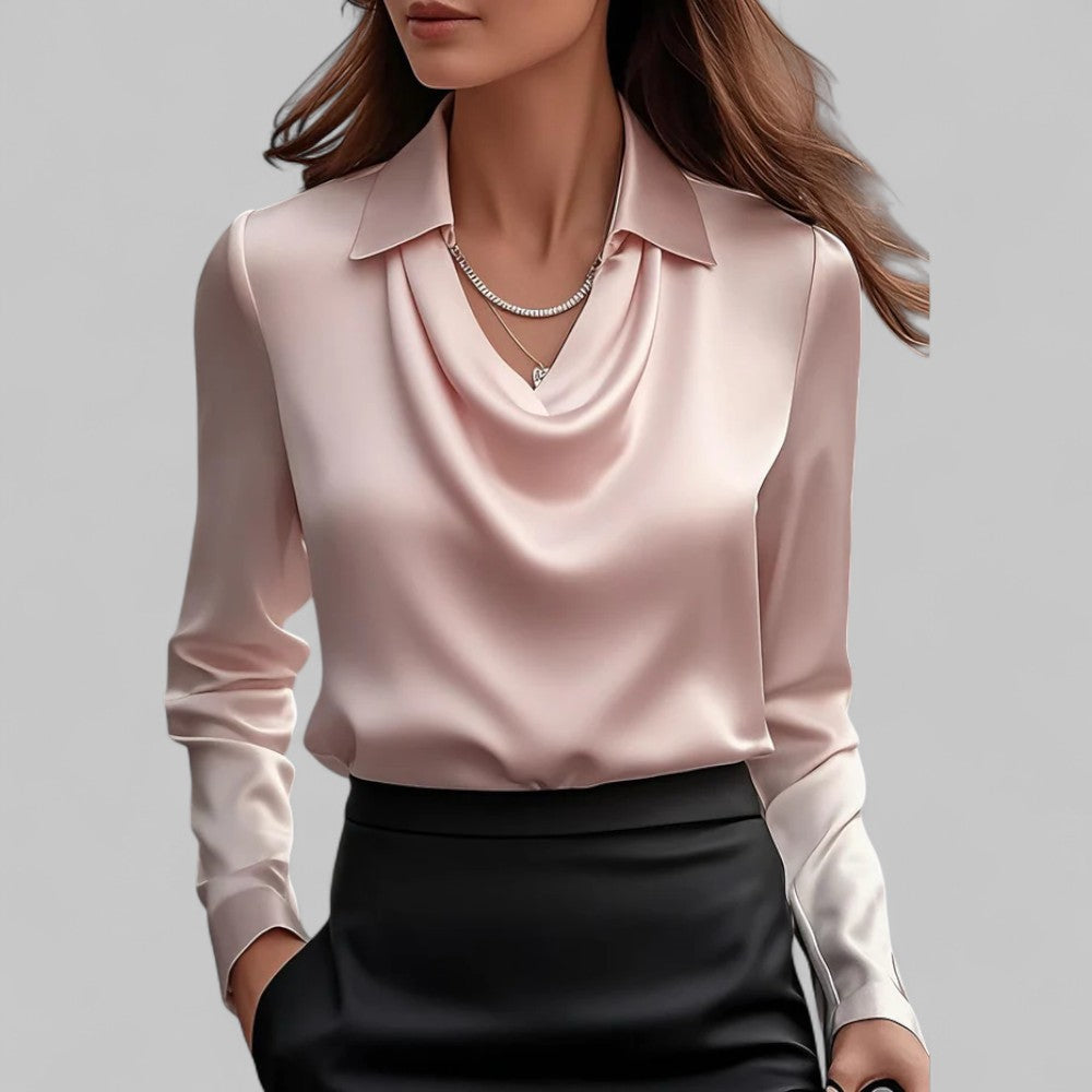 Rose| Satin Long-Sleeve Draped Collar Blouses for Women