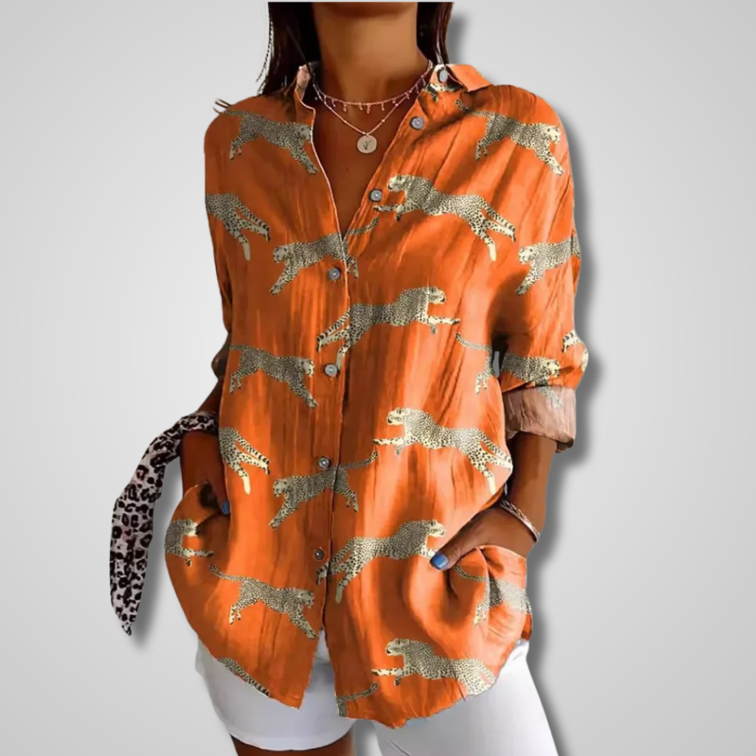 Chemisier Décontracté à Imprimé Floral Artistique avec Col Chemise et Coupe Ample