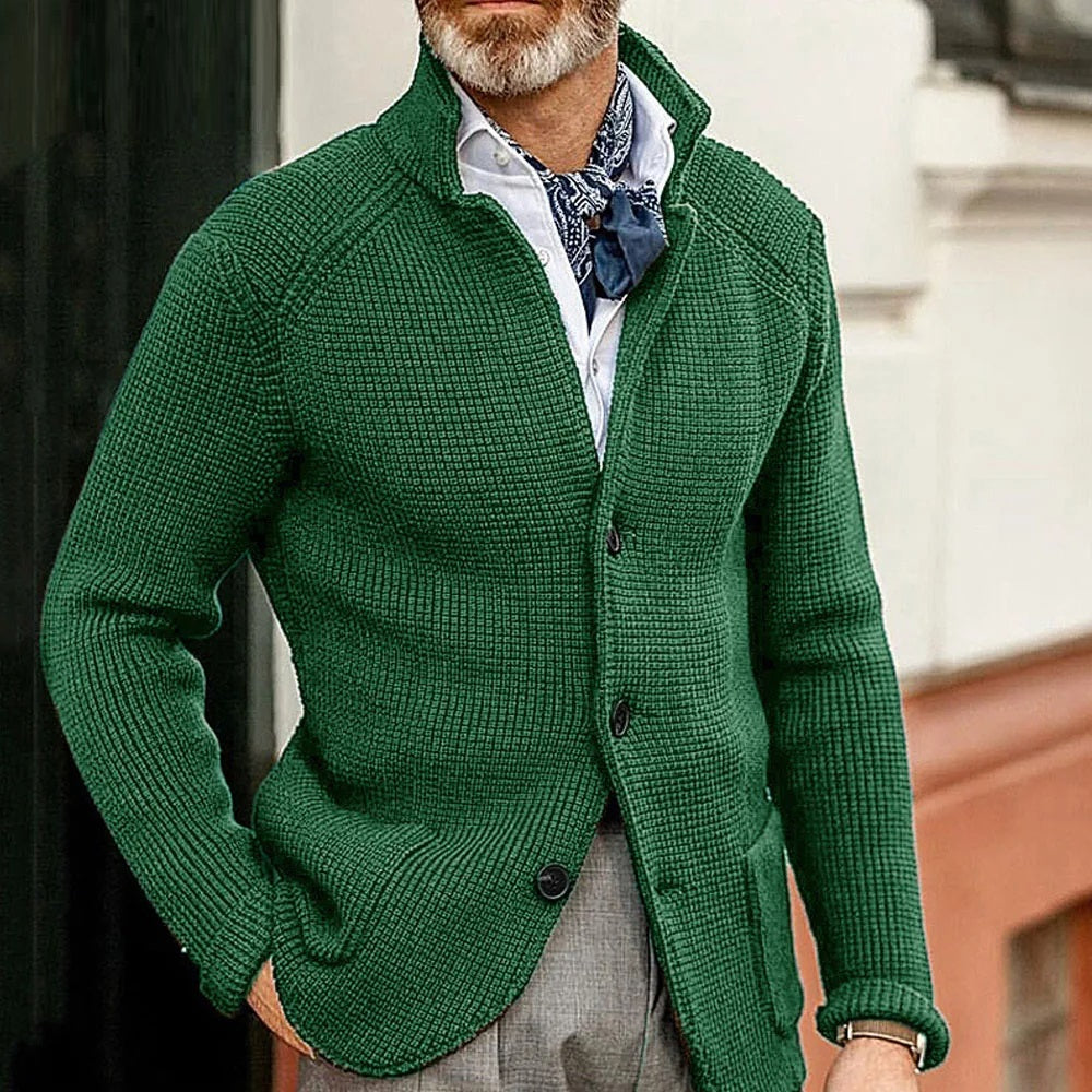 Men’s buttoned-up cardigan with a stand-up collar