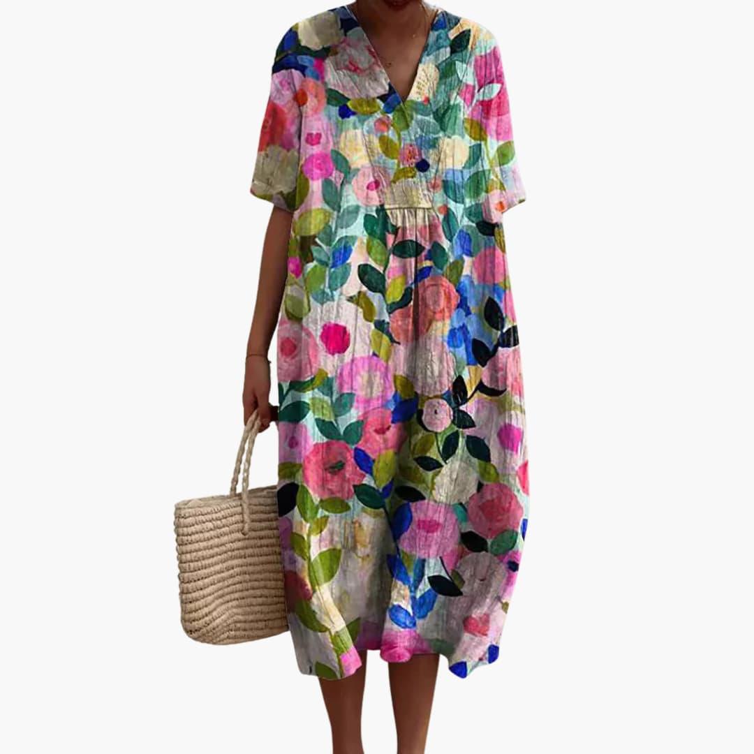 Robe Midi Fleurie Décontractée à Col V pour Femme