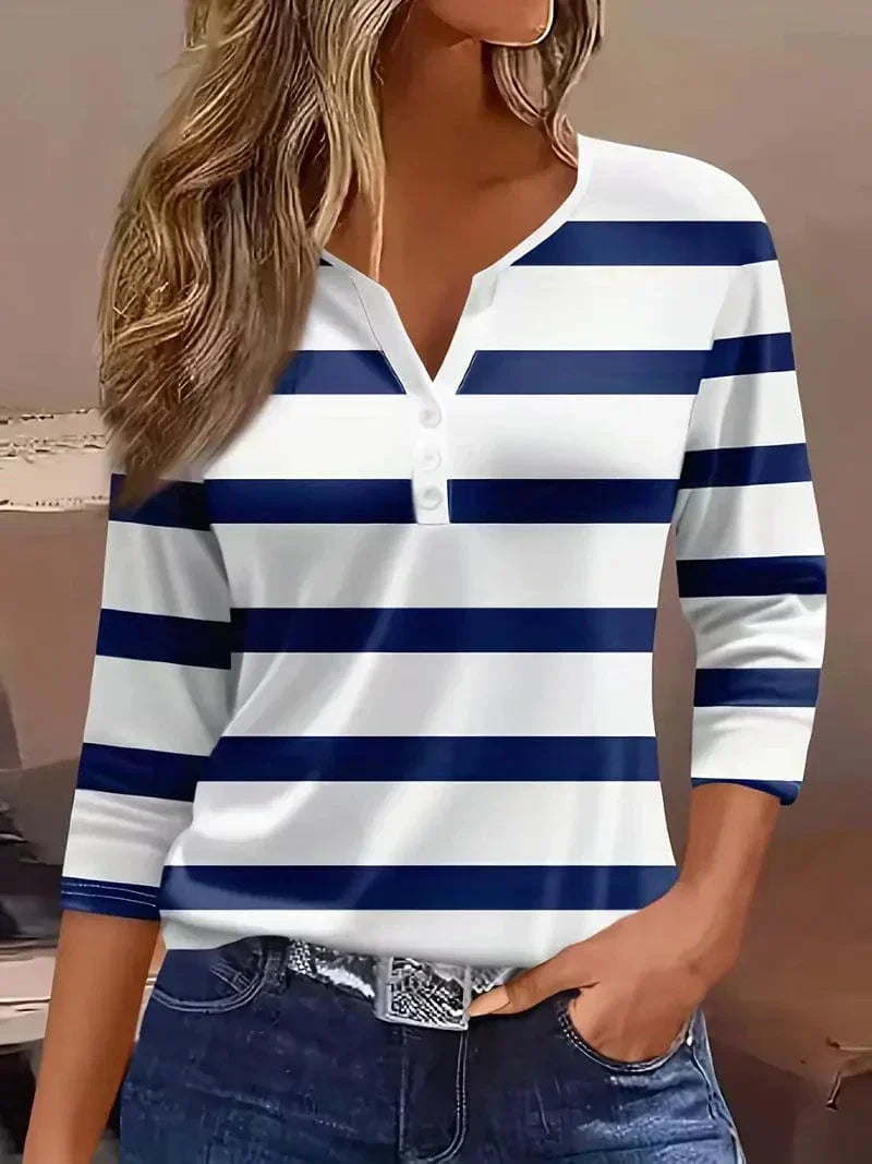 Women's Striped T-shirt with 3/4 Sleeves and Buttoned Collar