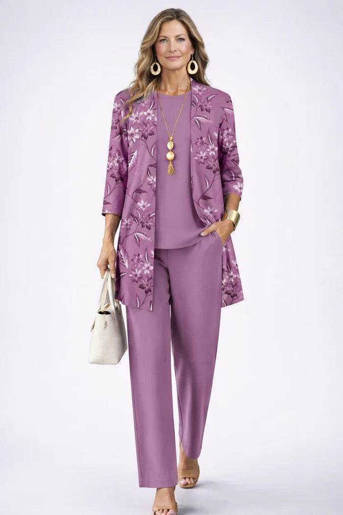 Elegant Women's 3-Piece Set with Printed Cardigan