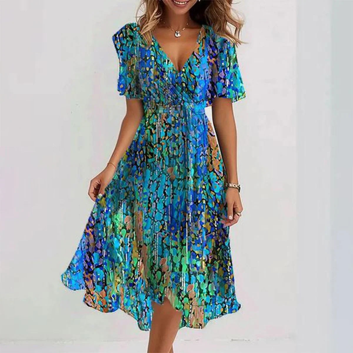 Robe midi d'été à imprimé floral et col en V pour femme