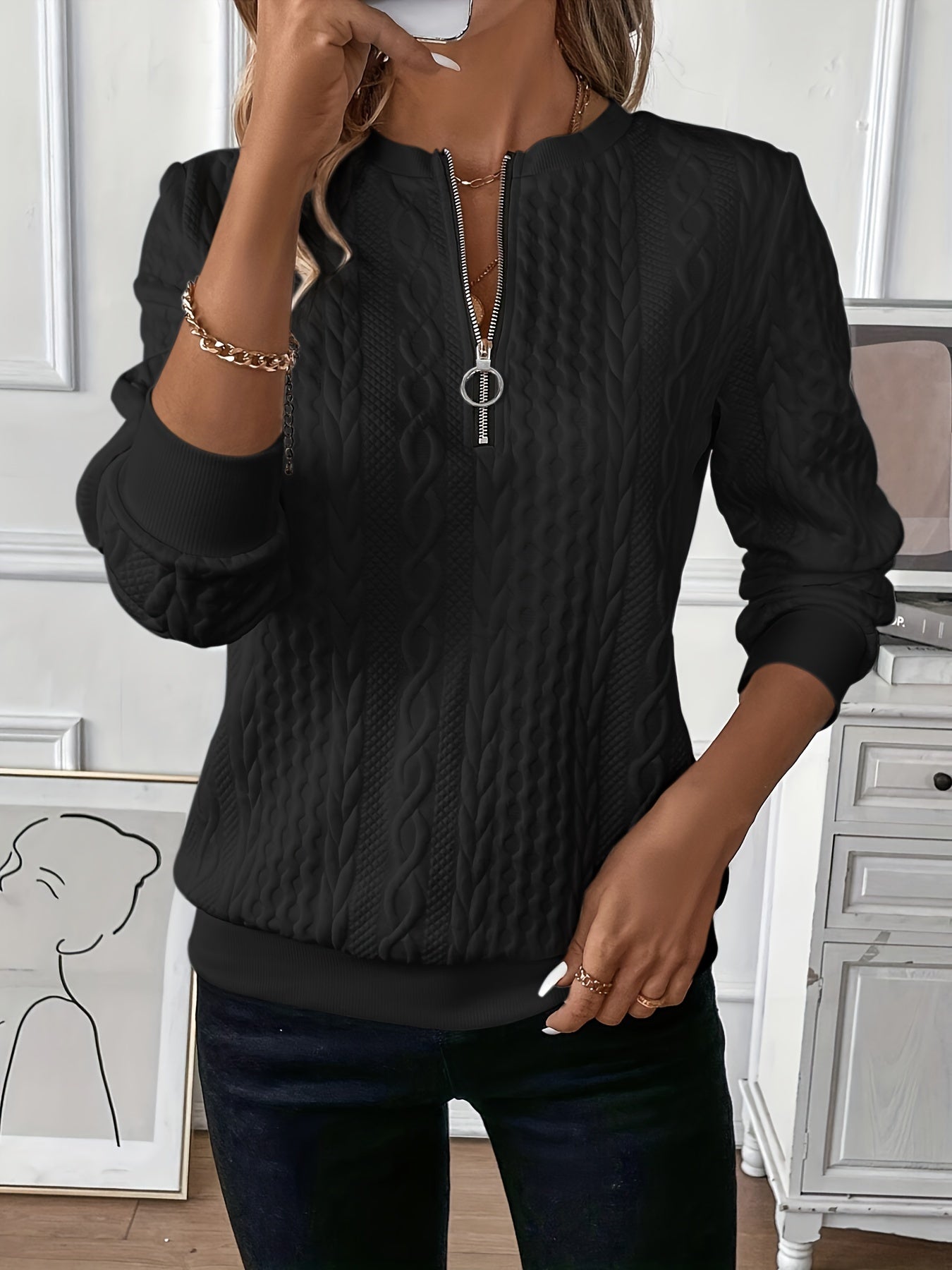 Women’s Long-Sleeve Cable-Knit Zip-Neck Sweater