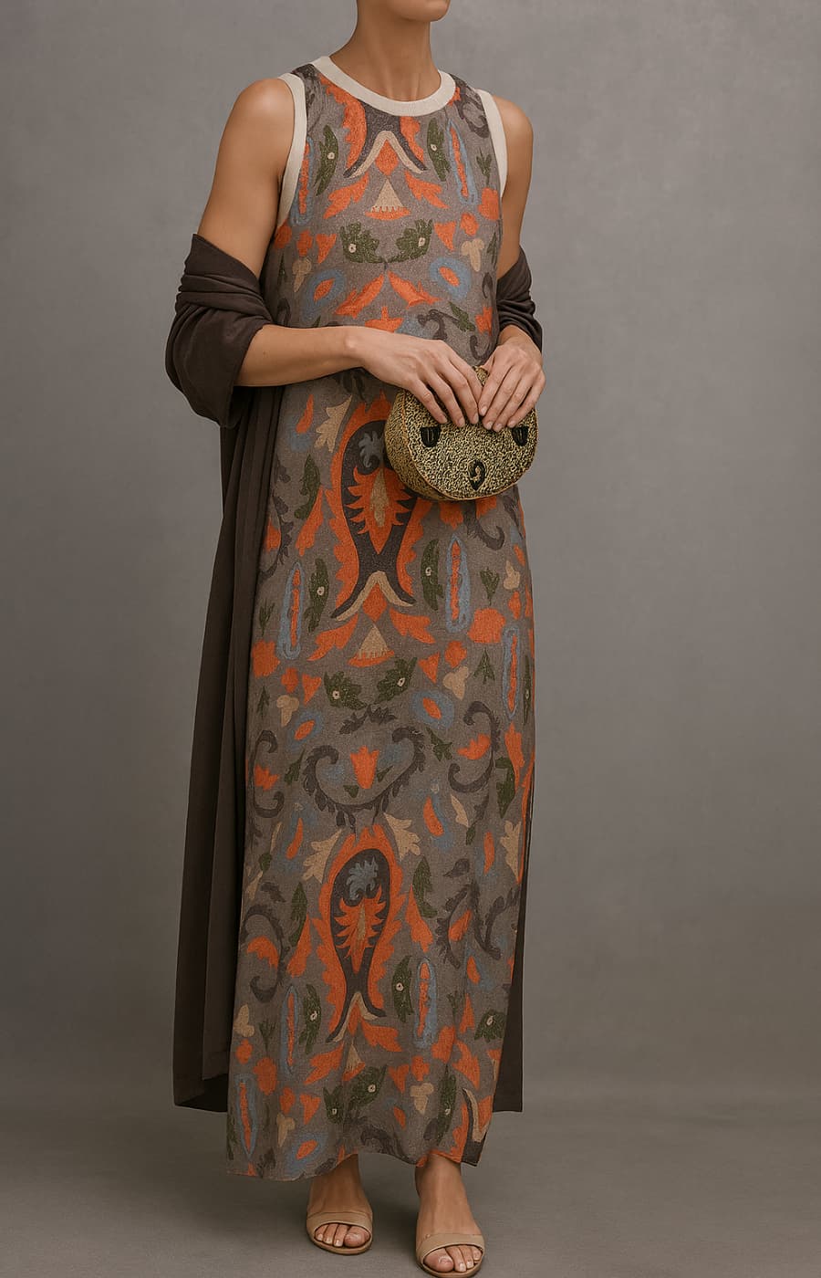 Women's 2-Piece Set Long Printed Dress and Matching Cardigan