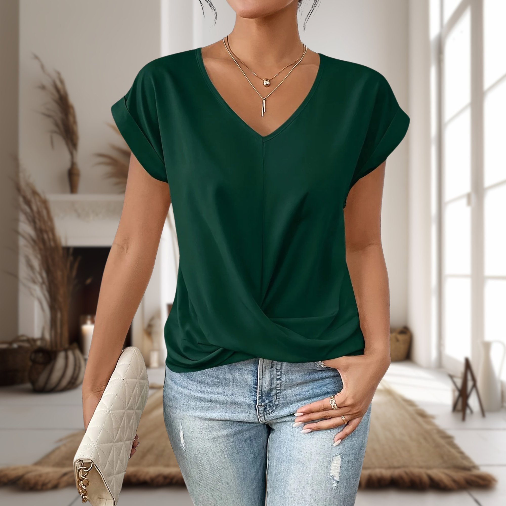 T-Shirt Femme Col V Décontracté – Style Simple et Élégant