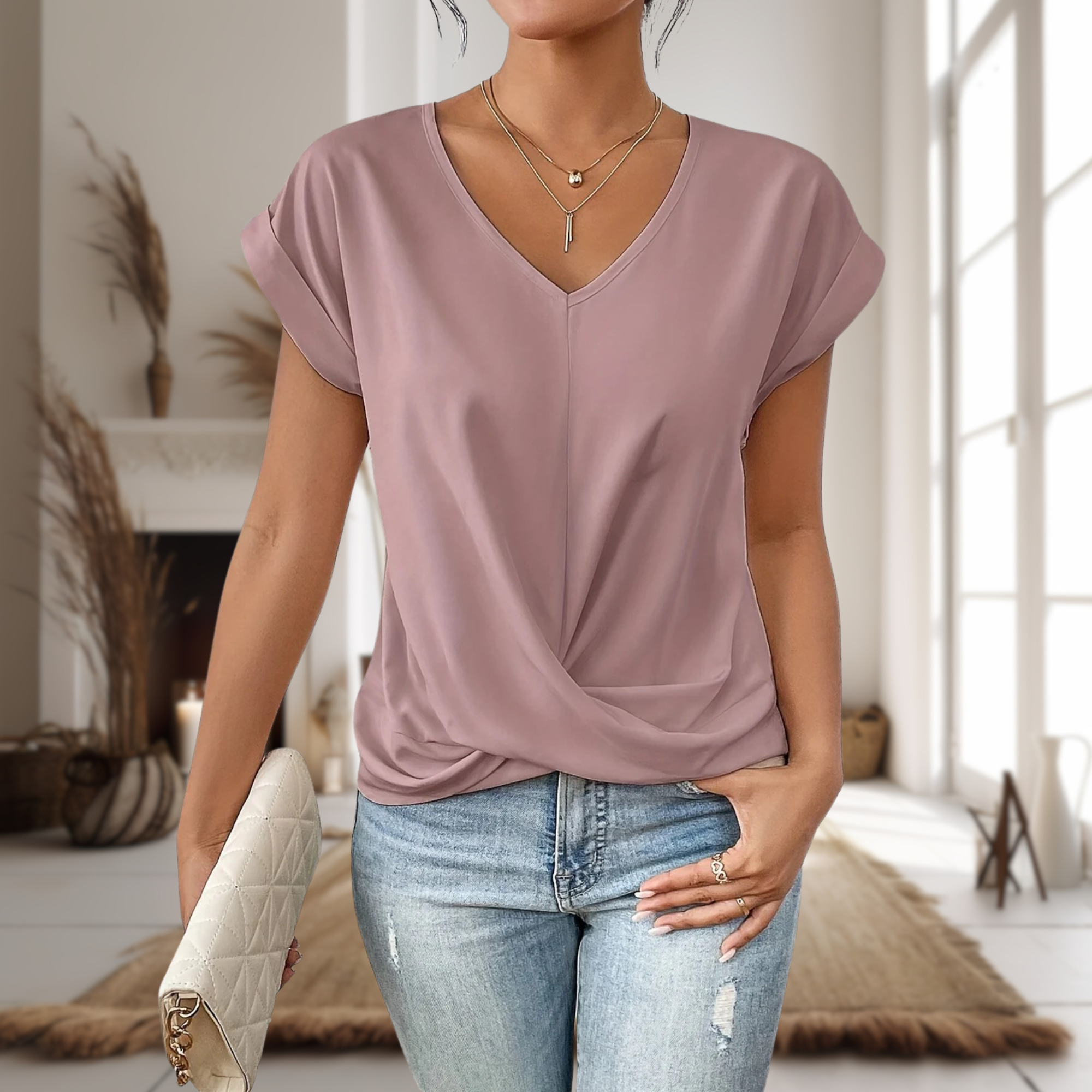 T-Shirt Femme Col V Décontracté – Style Simple et Élégant