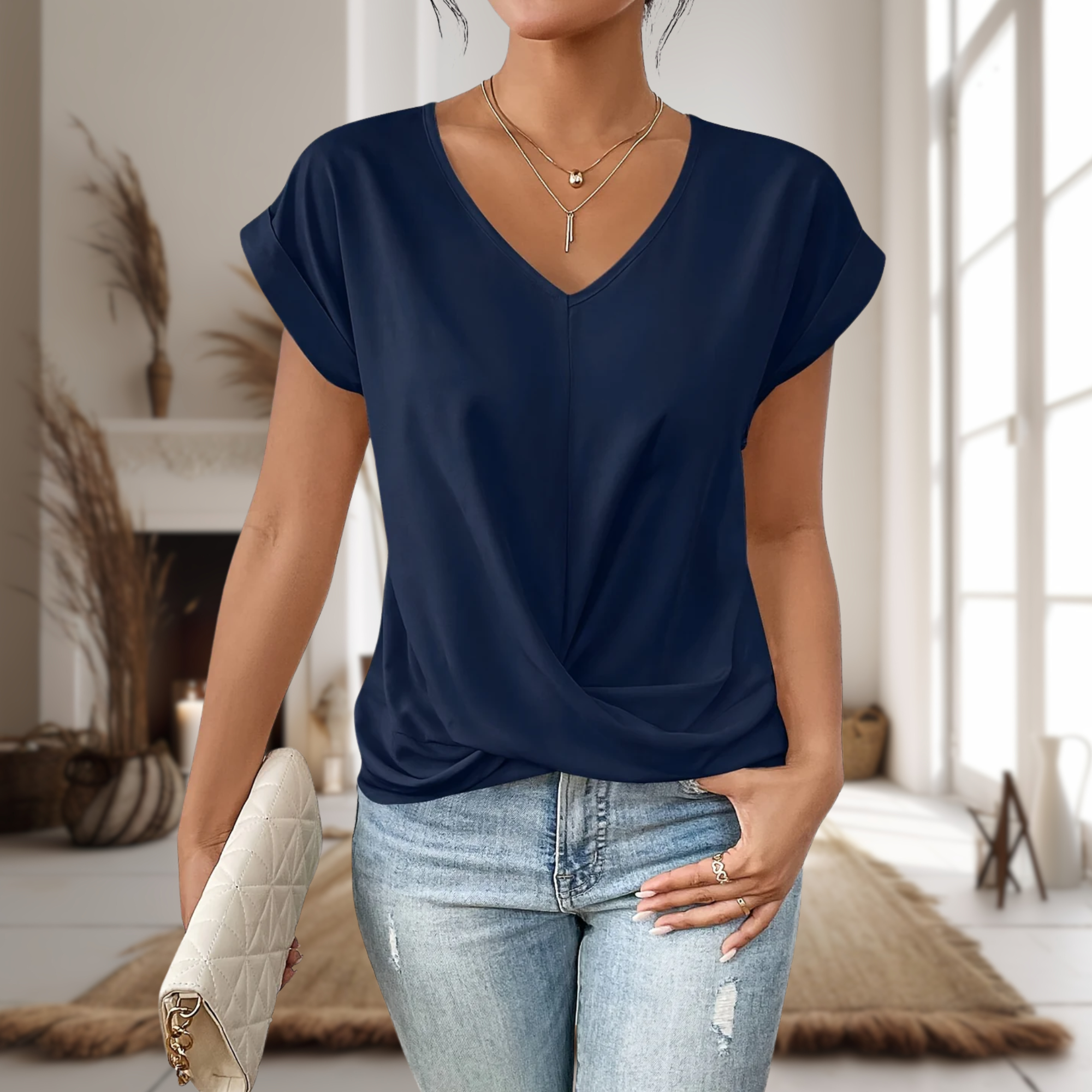 T-Shirt Femme Col V Décontracté – Style Simple et Élégant