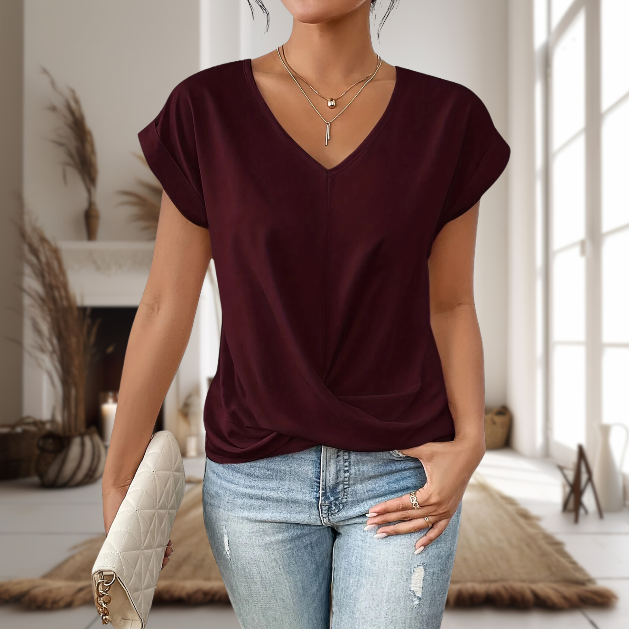 T-Shirt Femme Col V Décontracté – Style Simple et Élégant