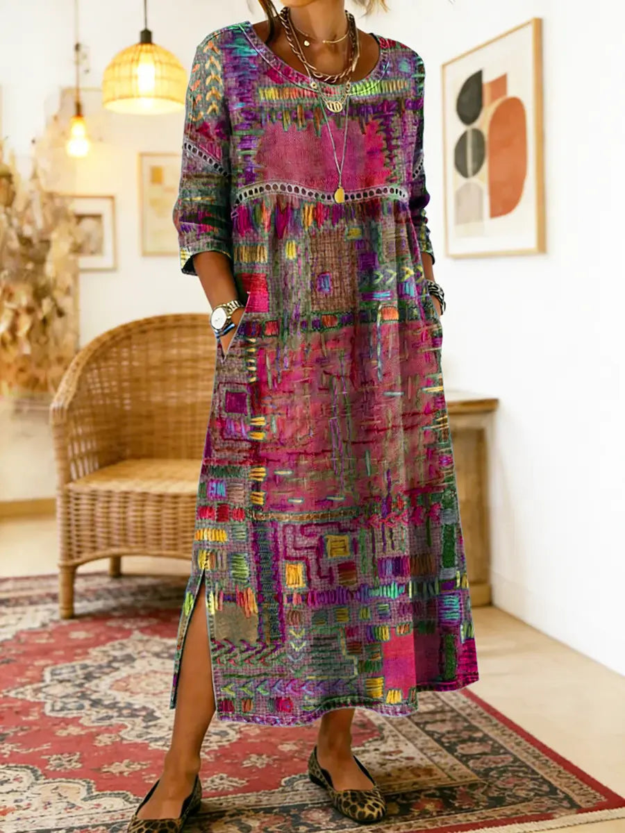 Robe Midi Femme à Imprimé Artistique et Fente Latérale