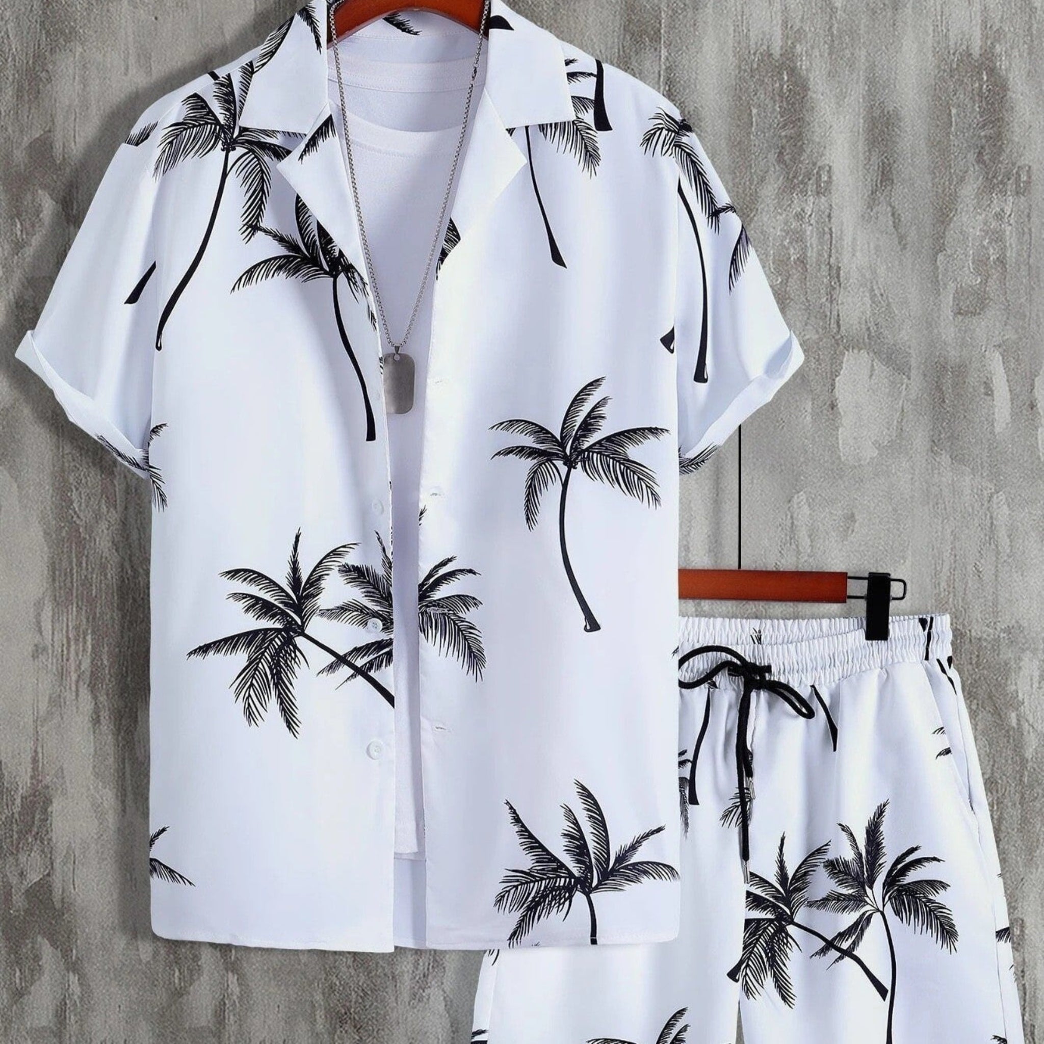 Short Sleeve Shirt and Tropical Print Shorts Set for Men